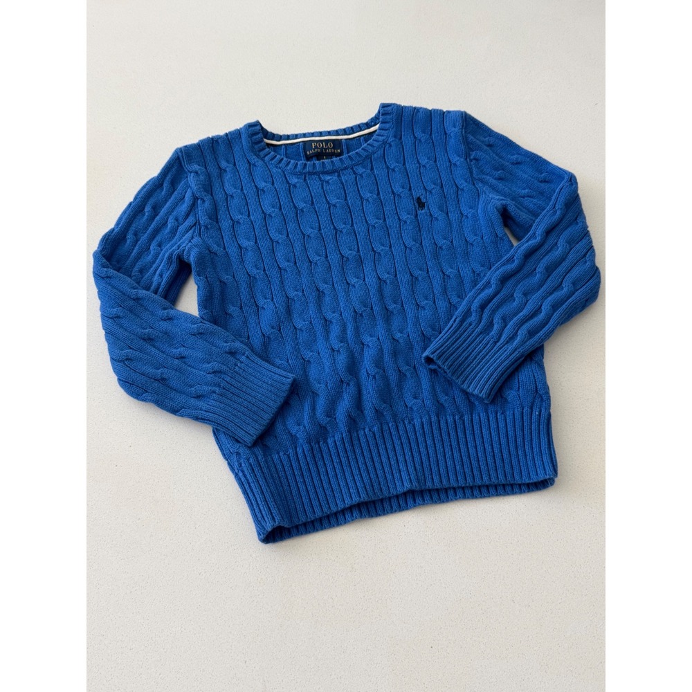 Polo Ralph Lauren Boys Royal Blue‎ Cable Knit Cotton Sweater Size 6 Pony Logo